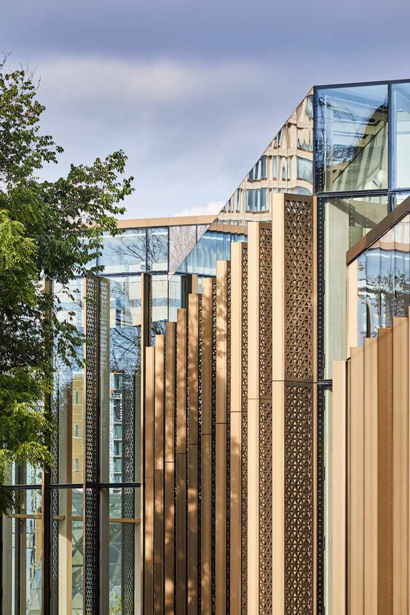 Close up exterior shot of the National Art Gallery showing the hexagonal glass and fins.