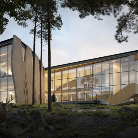 Exterior rendering of the University of Victoria National Centre for Indigenous Laws, where trees are included in the foreground and the buildings expansive window glazing is in view.